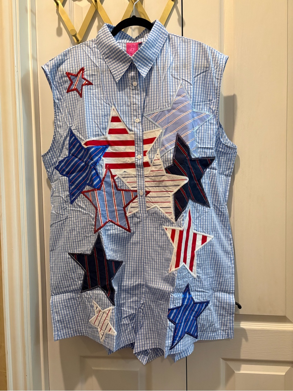 QUEEN OF SPARKLES Blue Gingham Sleeveless Star-Appliqué Romper